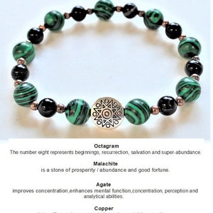 Octagram Bracelet: Malachite, Black Agate, Copper, Silver Plated