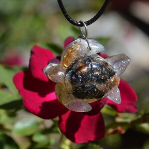 May include: A clear resin turtle pendant with black and gold glitter accents, hanging from a black cord.