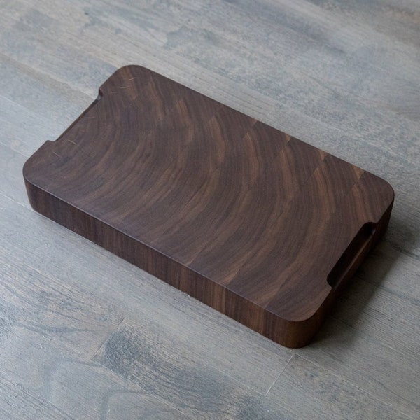 Reversible Walnut End Grain Butcher Block Cutting Board with Handle Grooves, 14" x 8-1/4" x 2"