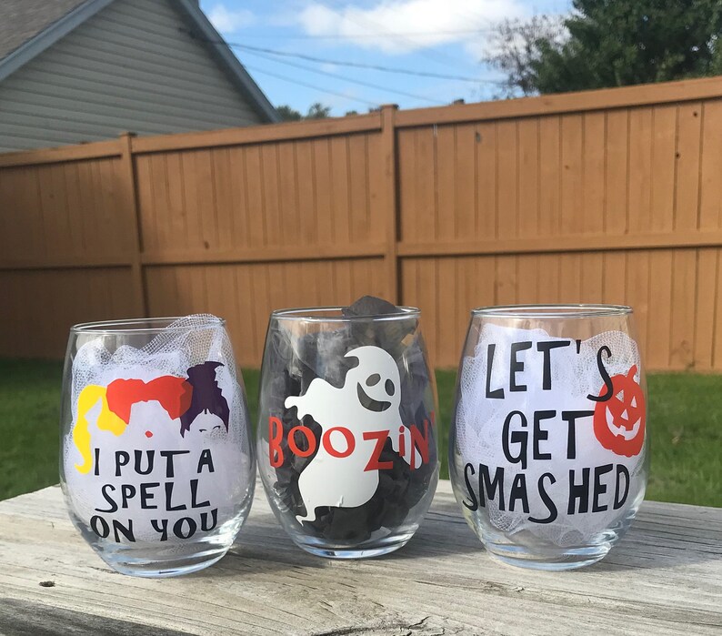Let/'s Get Smashed Ghost Stemless Wine Glass Funny Quote Wine Glass Halloween Stemless Wine Glasses Halloween Gifts Stemless Wine Glass