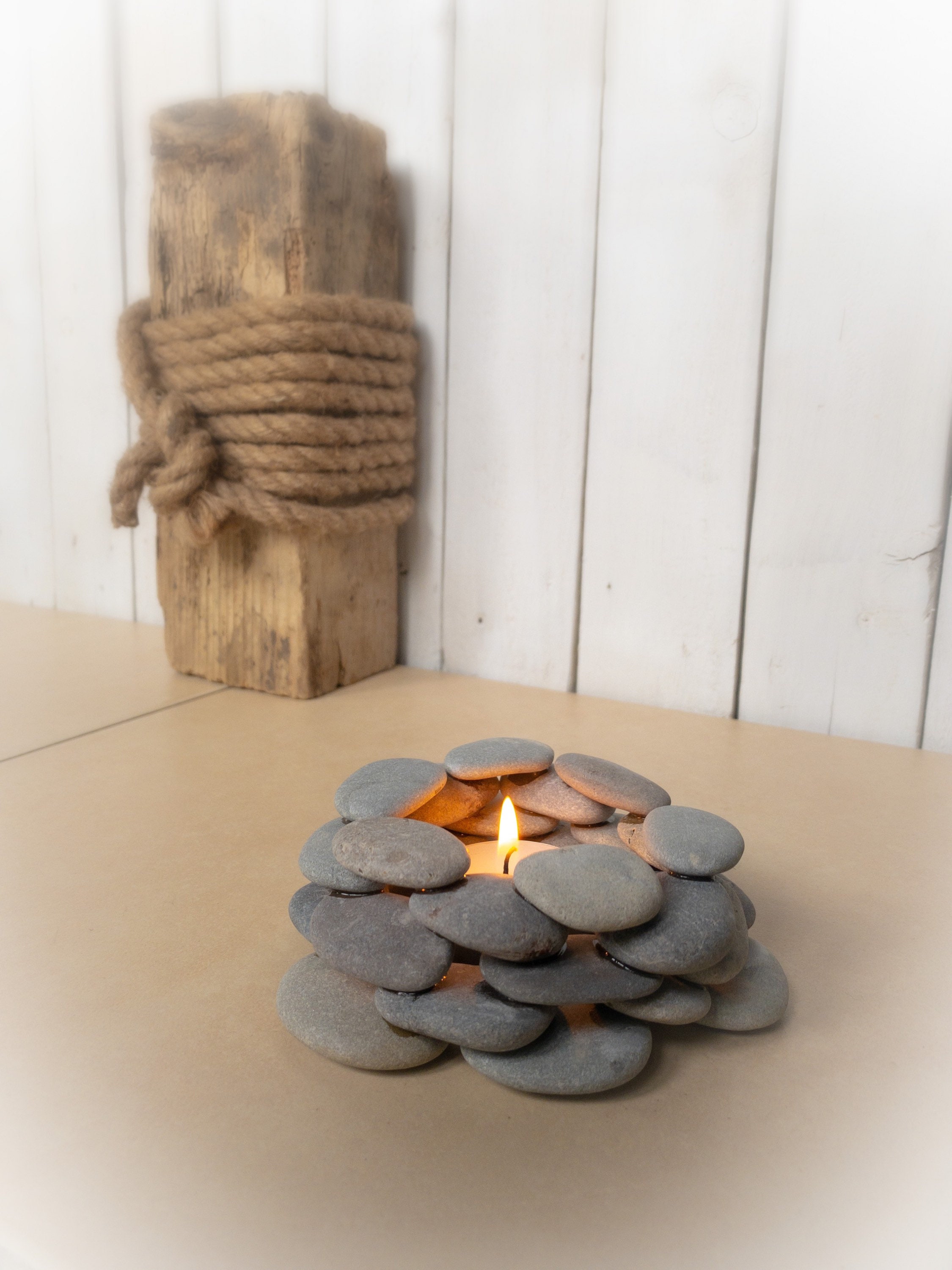 Smooth grey flat pebble Candle stack / Tealight holder. Vent Etsy
