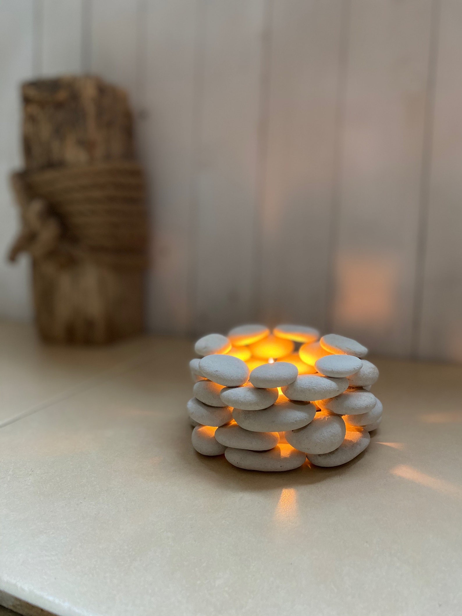 Smooth white pebble Candle stack / Tealight holder. Isle of Etsy