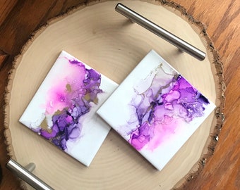 Handmade Alcohol Ink Tile Coaster Sets Housewarming Gift Home Decor Home Office Desk Kitchenware Tableware Gifts for Couple Wedding for Her
