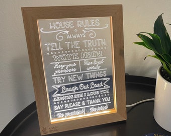Framed House Rules Night Light LED Frame Home Decor Loved Ones Family Friends Gift Personalized Fun Typography House Sign for Guests Quotes