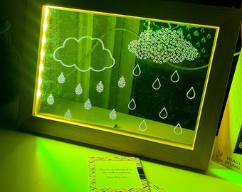 Framed Baby Clouds Night Light LED Frame for Loved Ones Kids Baby Shower Gift Rainy Sky Raincloud Artwork Engraving Colorful Light Up Frame