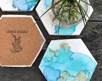 Handmade Alcohol Ink Hexagon Tile Coaster Sets Housewarming Gift Couples Gift for her Home Decor Home Details Kitchenware Home Office