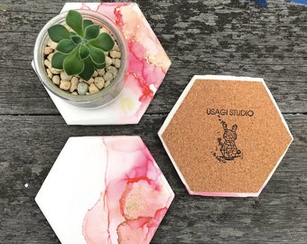 Pink Alcohol Ink Hexagon Tile Coaster (Set of 4) Handmade Art Housewarming Gift Kitchenware Home Office Decor Tableware Decorative Colorful