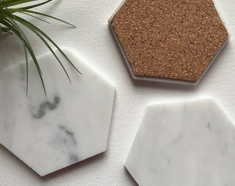 4 Set White Carrara Marble Hexagon Coasters Housewarming Gift Home Decor Home Office Desk Kitchenware Tableware Gift