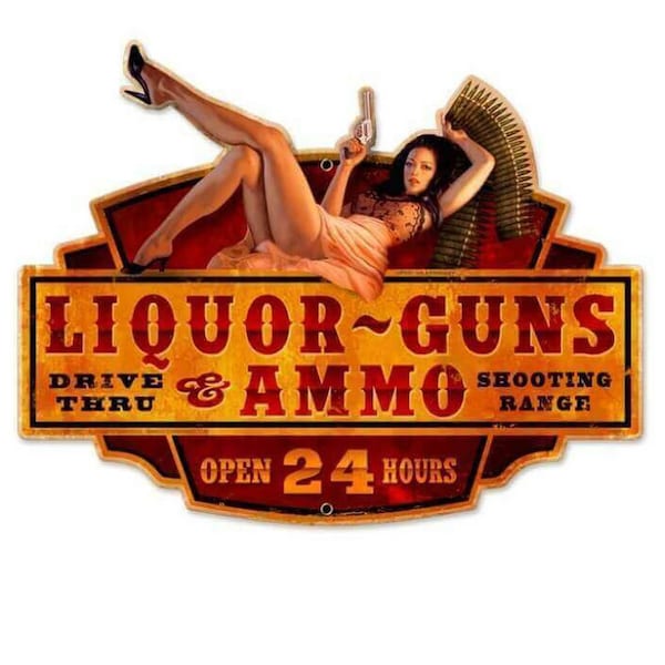 Liquor Guns Ammo CUTOUT Metal Sign 20 x 16 Inches