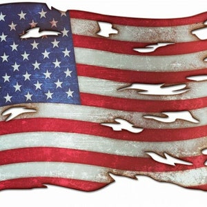 Tattered American Flag CUTOUT Metal Sign 36 x 24 Inches