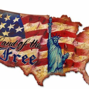 Land Of The Free USA Custom Shape CUTOUT Metal Sign 25 x 16 Inches