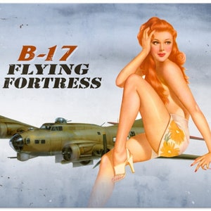 Retro B-17 Redhead Pin-Up Girl Metal Sign 36 x 24 Inches