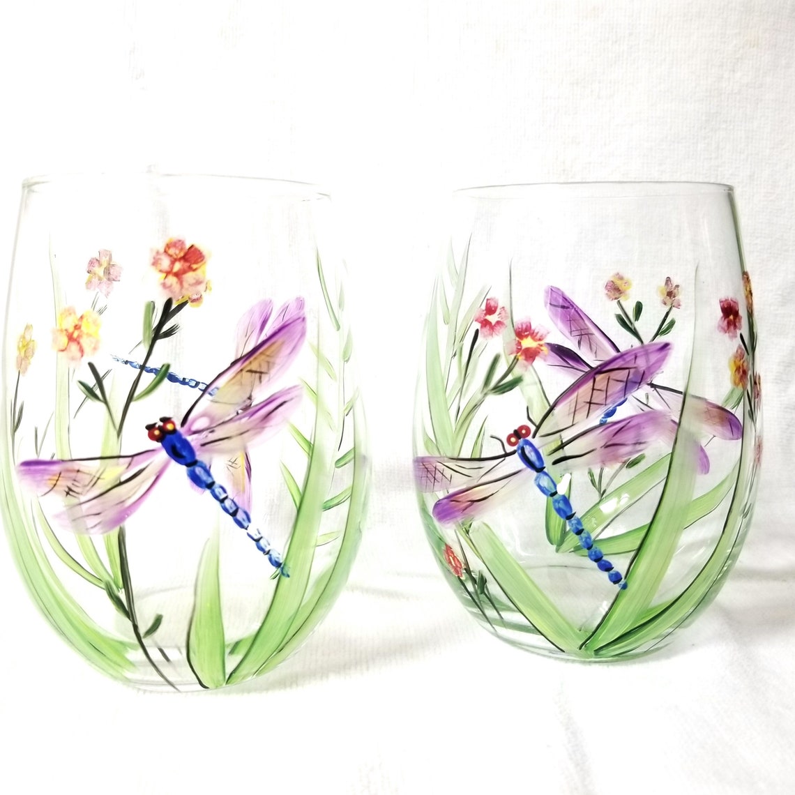 Hand painted dragonfly wine glasses summer garden Etsy