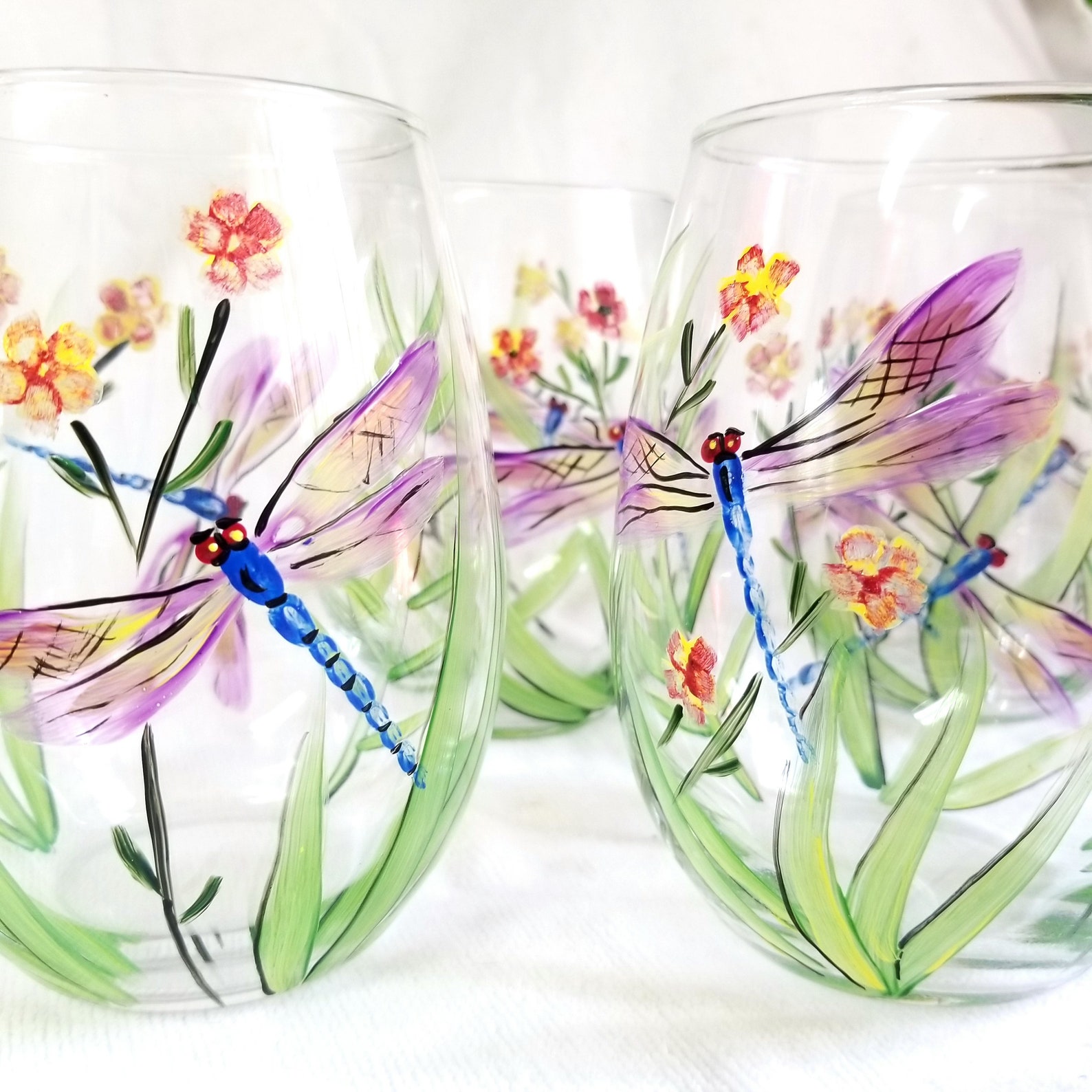 Hand painted dragonfly wine glasses summer garden Etsy
