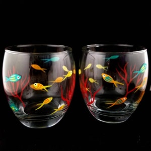 Under the Sea whiskey glasses, fantastic fishy fun for the beach house, tropical fish and coral barware.