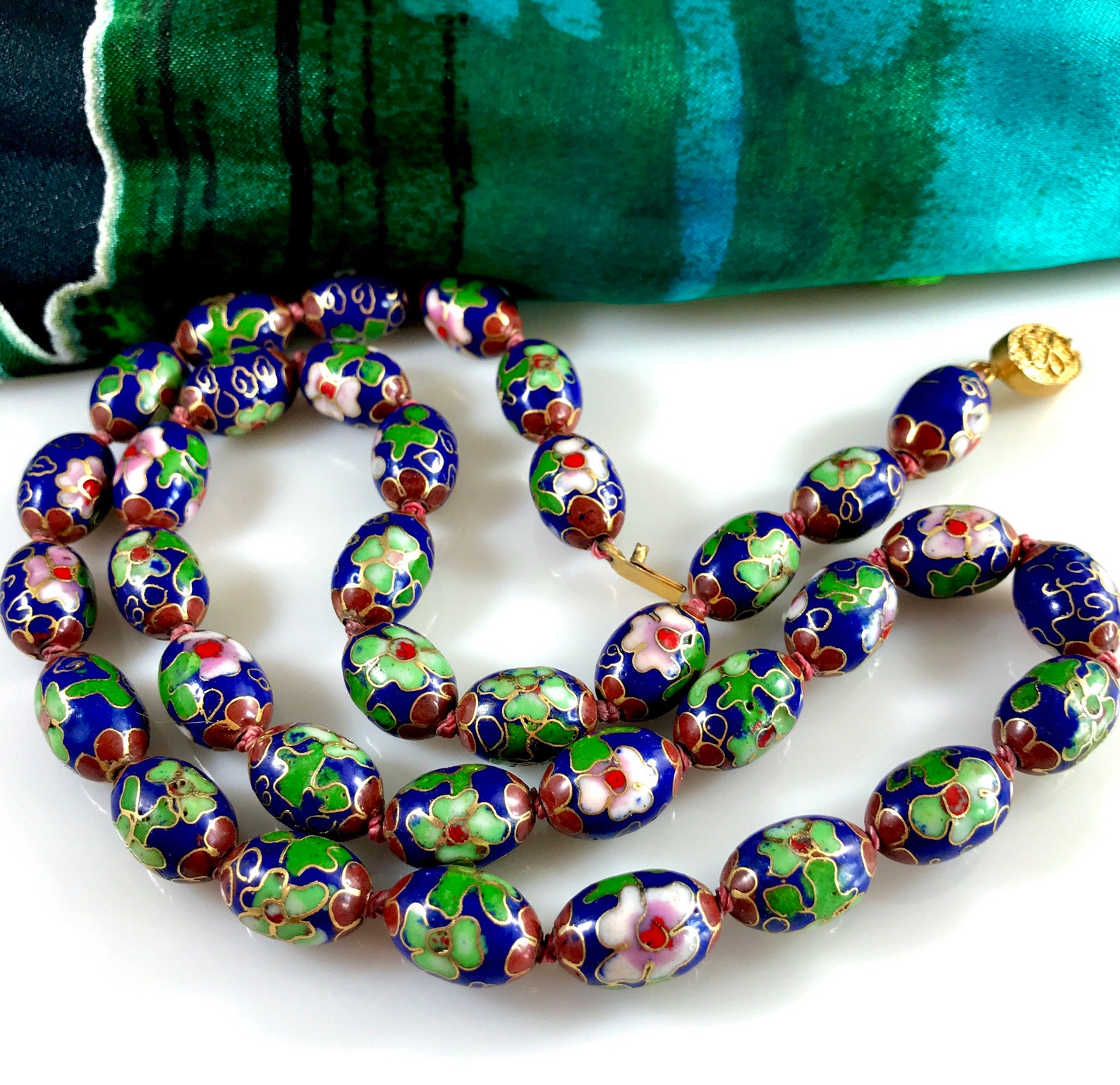 Antique Cloisonne Enamel Cobalt Blue Bead Necklace Etsy