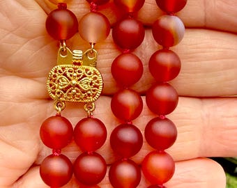 Vintage Carnelian Double Strand Necklace 18.5” Red Gemstone Beads