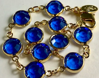 Joan Rivers Sapphire Blue Crystal Bracelet Gold Tone Signed 8"