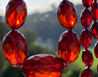 Antique Cherry Red Bakelite Necklace 19” Art Deco Graduated Faceted Oval Beads