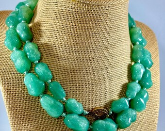 Vintage Chinese Export Green Aventurine Necklace 31” Large Graduated Knucklebone Beads Rare