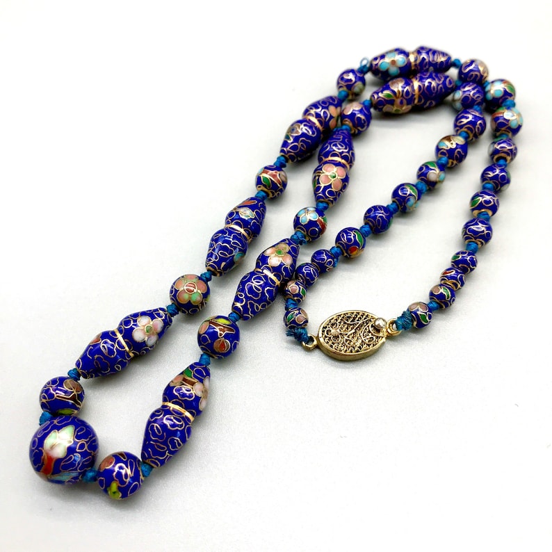 Collectible Chinese Export Enamel Beaded Necklace Vintage Rare Cloisonne Floral Cobalt Blue Bead Choker Necklace Valentine Day Gift