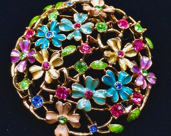Vintage Monet Floral Enamel Brooch Large 1.89” Rhinestone Pin