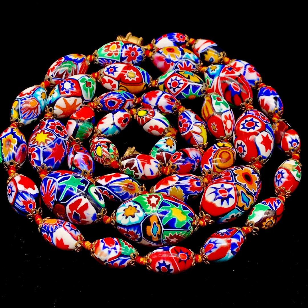 Murano Glass Ercole Moretti Oblong Bead Necklace 1940s Millefiori