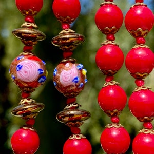 Vintage Murano Deep Red Glass Wedding Cake Beads Necklace | Venetian Art Glass Round Beads with Floral Design | Italian Designer Jewelry