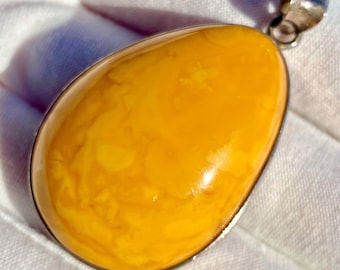Vintage Baltic Amber Pendant Large Egg Yolk Cabochon Sterling Silver