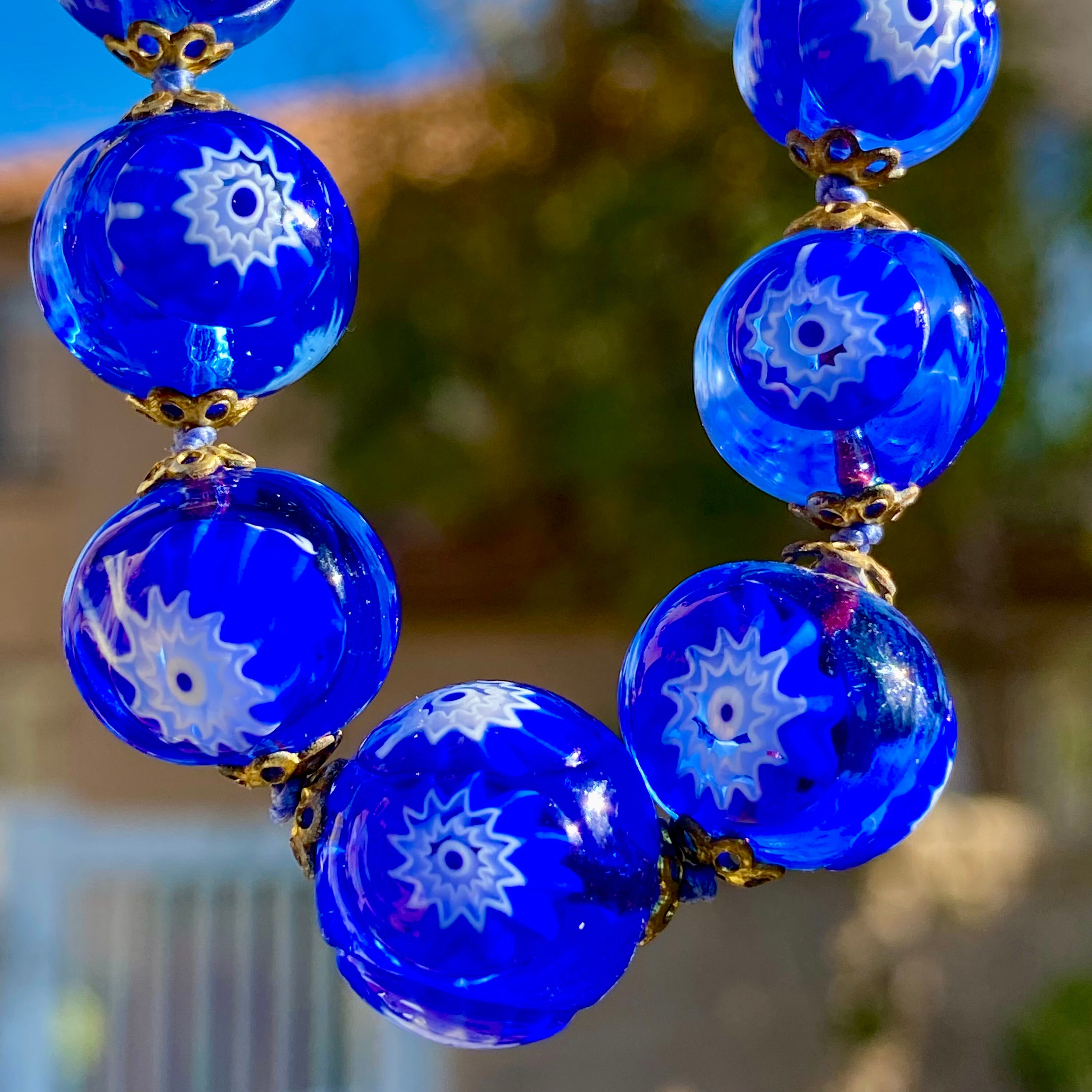 Vintage Italian Millefiori Glass Bead Necklace 25.5 Hand Knotted, Cobalt  Blue w/ White Flowers
