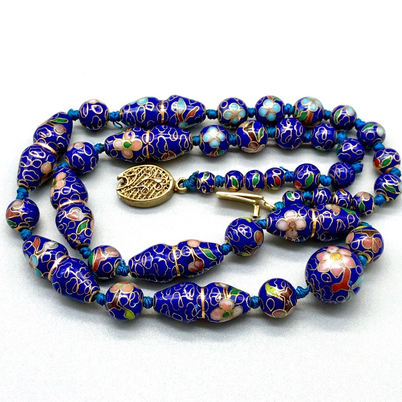 Collectible Chinese Export Enamel Beaded Necklace Vintage Rare Cloisonne Floral Cobalt Blue Bead Choker Necklace Valentine Day Gift