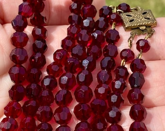 Vintage Czech Garnet Red Glass Necklace 19.5” Faceted Double Strand