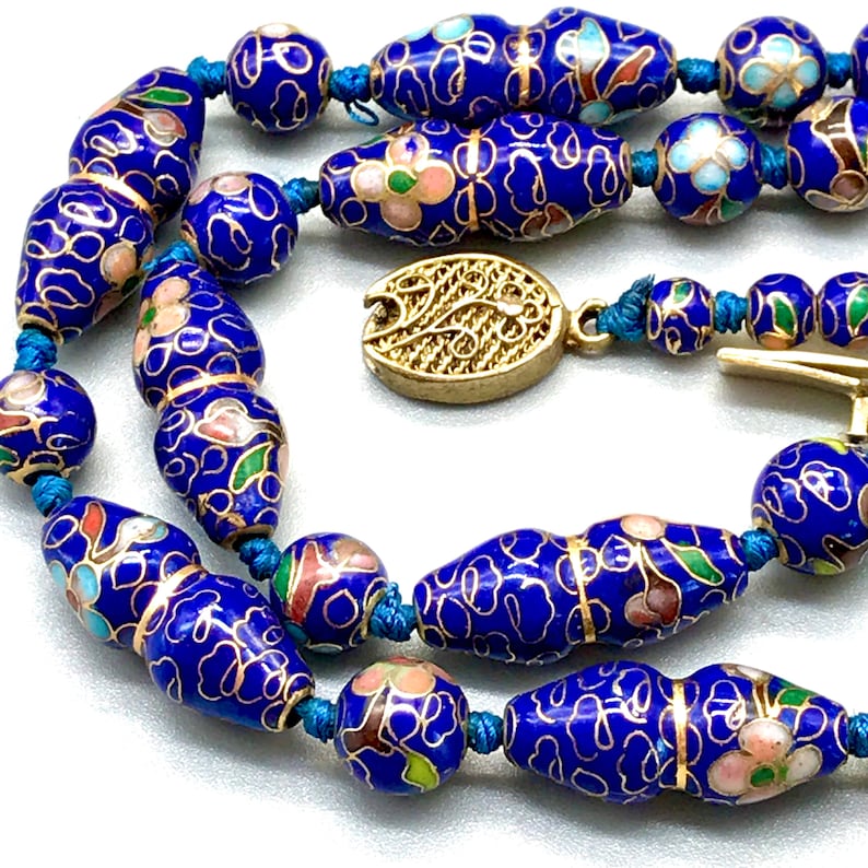 Collectible Chinese Export Enamel Beaded Necklace Vintage Rare Cloisonne Floral Cobalt Blue Bead Choker Necklace Valentine Day Gift