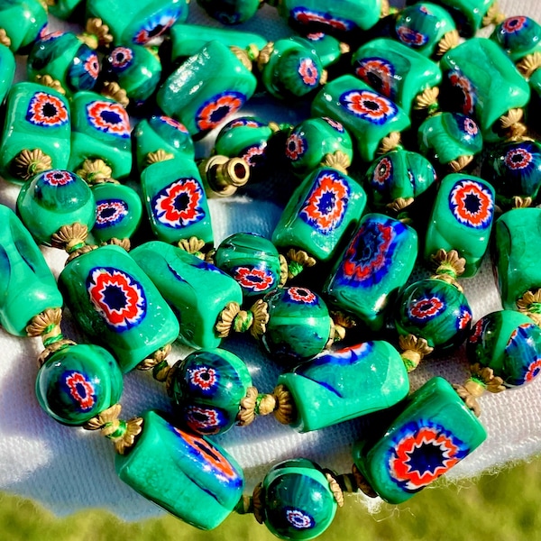 Vintage Murano Millefiori Glass Necklace 29" Green Venetian Beads