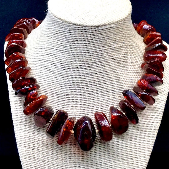 Old Baltic Chunky Cherry Amber Stone Beaded Necklace 26â for Women | Faceted Dark Amber Nugget Necklace | Vintage Amber Jewelry | Amber Gift