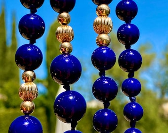 Vintage Cobalt Blue Glass Beaded Necklace Graduated Gold Tone 30”