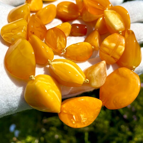 Vintage Baltic Amber Necklace for Women | Faceted Amber Knotted Bead Necklace | Egg Yolk White Amber Stones | Amber Jewelry | Amber Gift