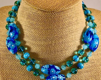 Vintage Murano Millefiori Glass Necklace 29” Blue Venetian Art Glass