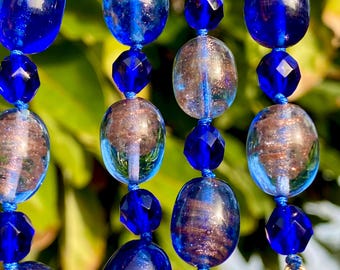Vintage Cobalt Blue Czech Glass Necklace  23” Aventurine Beads