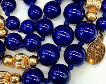 Vintage Chinese Export Necklace 30” Blue Ceramic Beads