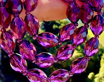 Vintage Czech Amethyst Glass Necklace 28” Faceted Bohemian Beads