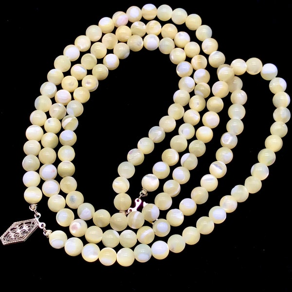 Antique Mother of Pearl Double Strand Bead Sterling Clasp Choker Necklace 17” | Genuine Ivory Color MOP Beads | Vintage Antique Jewelry 1940