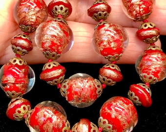 Vintage Murano Aventurine Glass Necklace 18.5” Red Venetian Beads