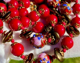Murano Red Glass Necklace 27.5" Venetian Wedding Cake Beads Vintage