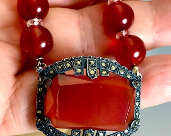 Antique Carnelian Necklace 14.5” German Sterling Silver Marcasite Choker