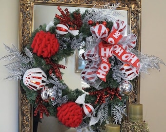 Holiday Wreath, xmas wreath, Christmas Wreath, winter wreath, red and silver wreath, Evergreen Christmas, Front Door wreath