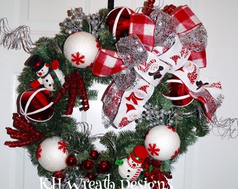Whimsical Snowman Wreath, Evergreen winter wreath, Snowflake wreath, winter wreath, front door wreath, holiday wreath,
