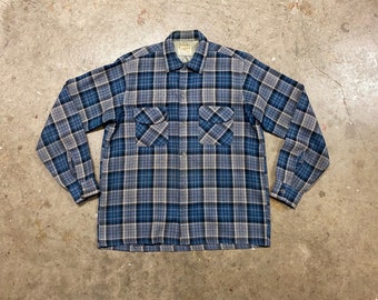 Vtg 50s 60s Warwick Loop Collar Flannel Shirt Brown XL 17 Flat 