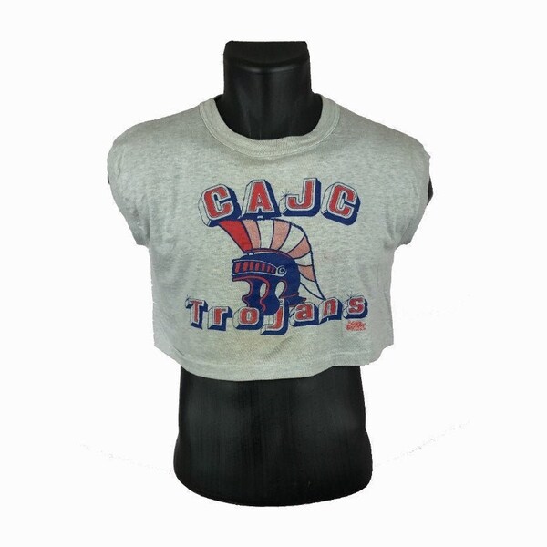 Vintage 70s CAJC Trojans Sleeveless Crop Top T shirt | Medium