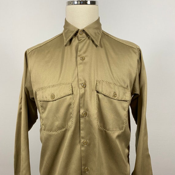 Vintage 60s Dickies Embroidered Tan Button Up Shi… - image 4